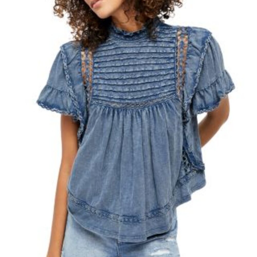 Free People La Femme Ruffled Crochet Top, size Large